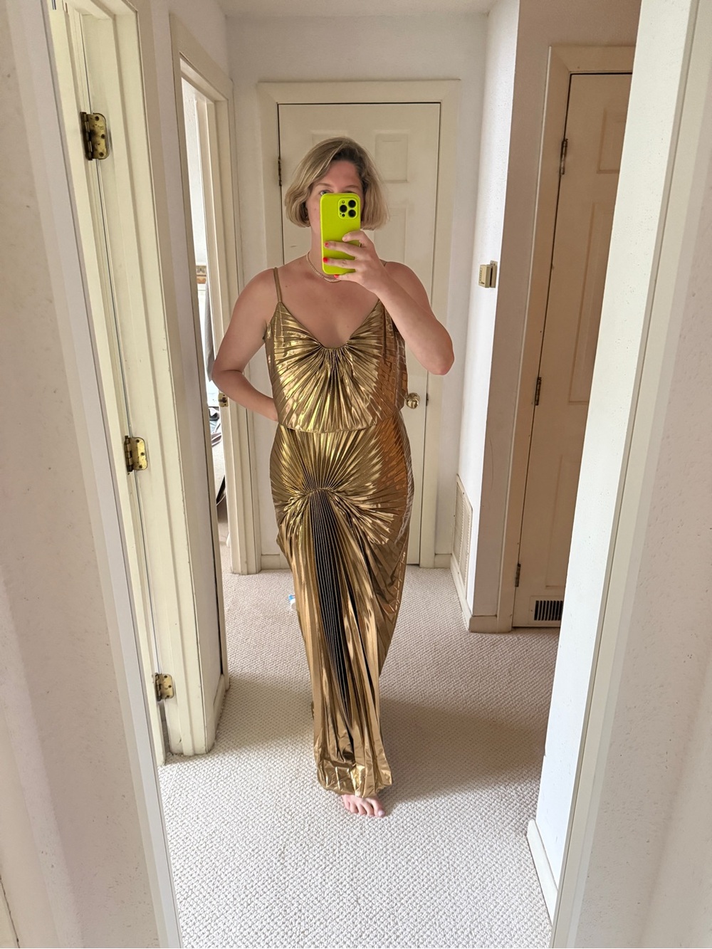 Gold Pleated Maxi Dress with Twist Detail